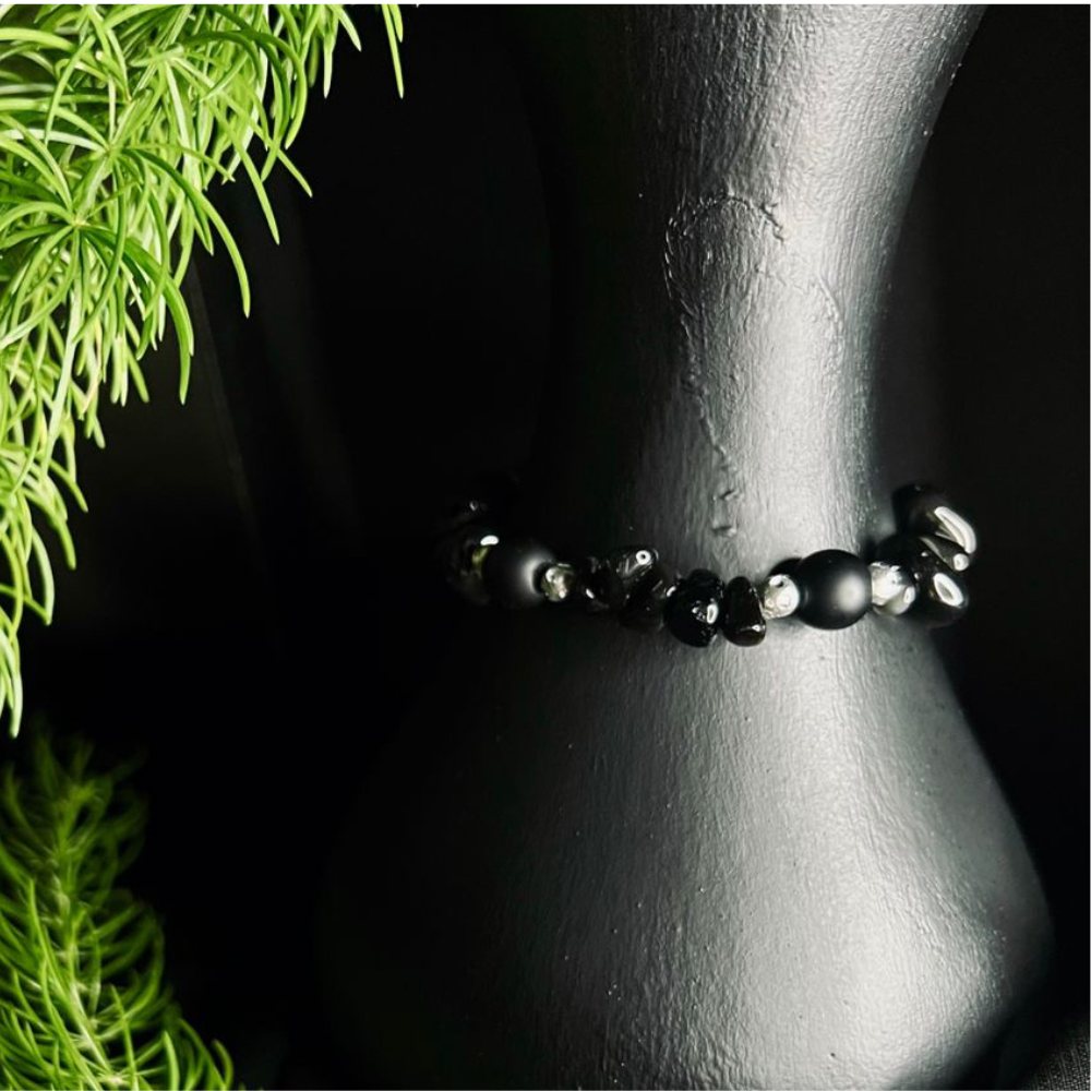 Boho Bracelet, Black Polished Stone Chip Bracelet Natural Stone
