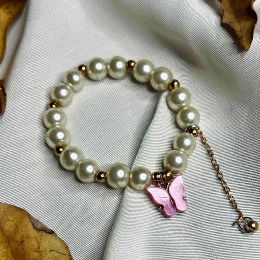 Bracelet for Girls, Faux Pearl Beaded Bracelet with Purple Butterfly