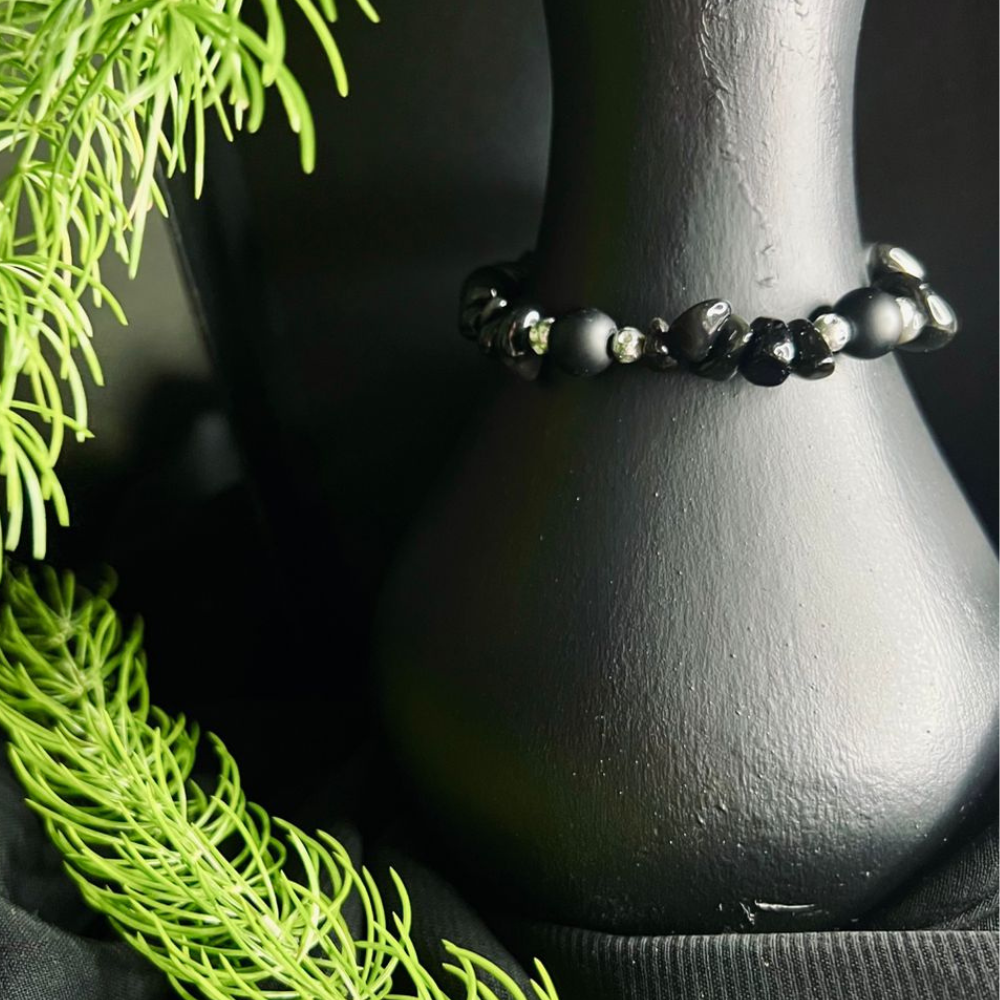 Boho Bracelet, Black Polished Stone Chip Bracelet  Natural Stone