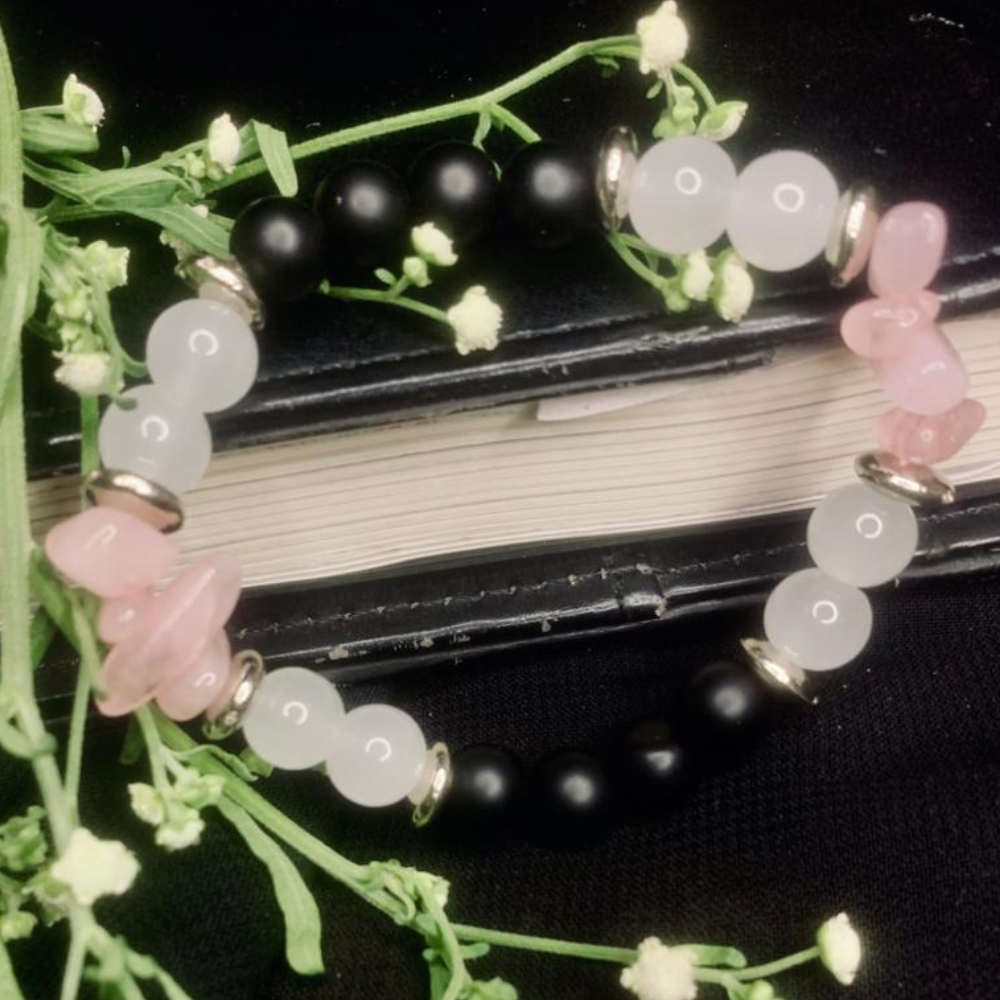 Natural Stone Beaded Bracelet – Black Onyx, White Jade