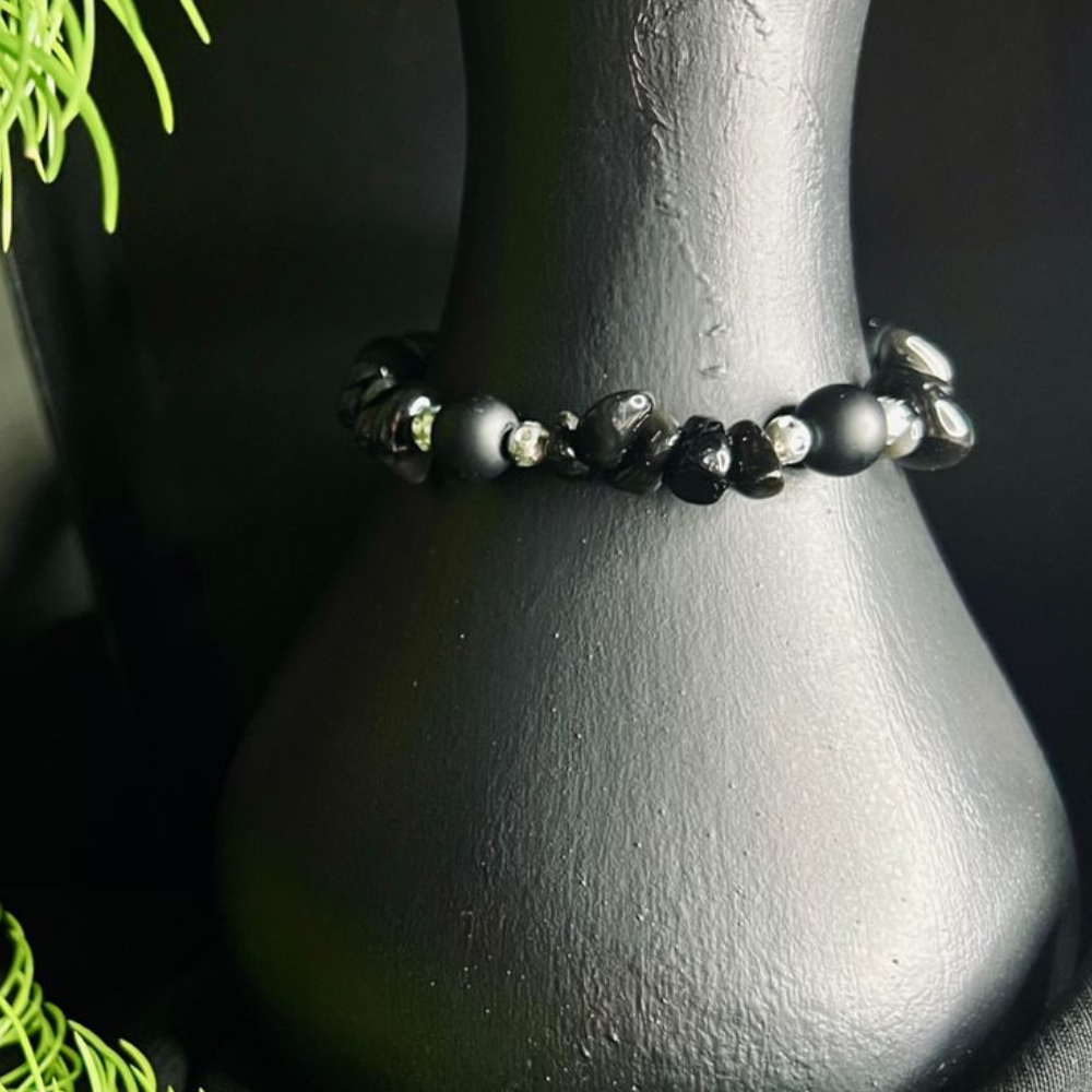 Boho Bracelet, Black Polished Stone Chip Bracelet  Natural Stone