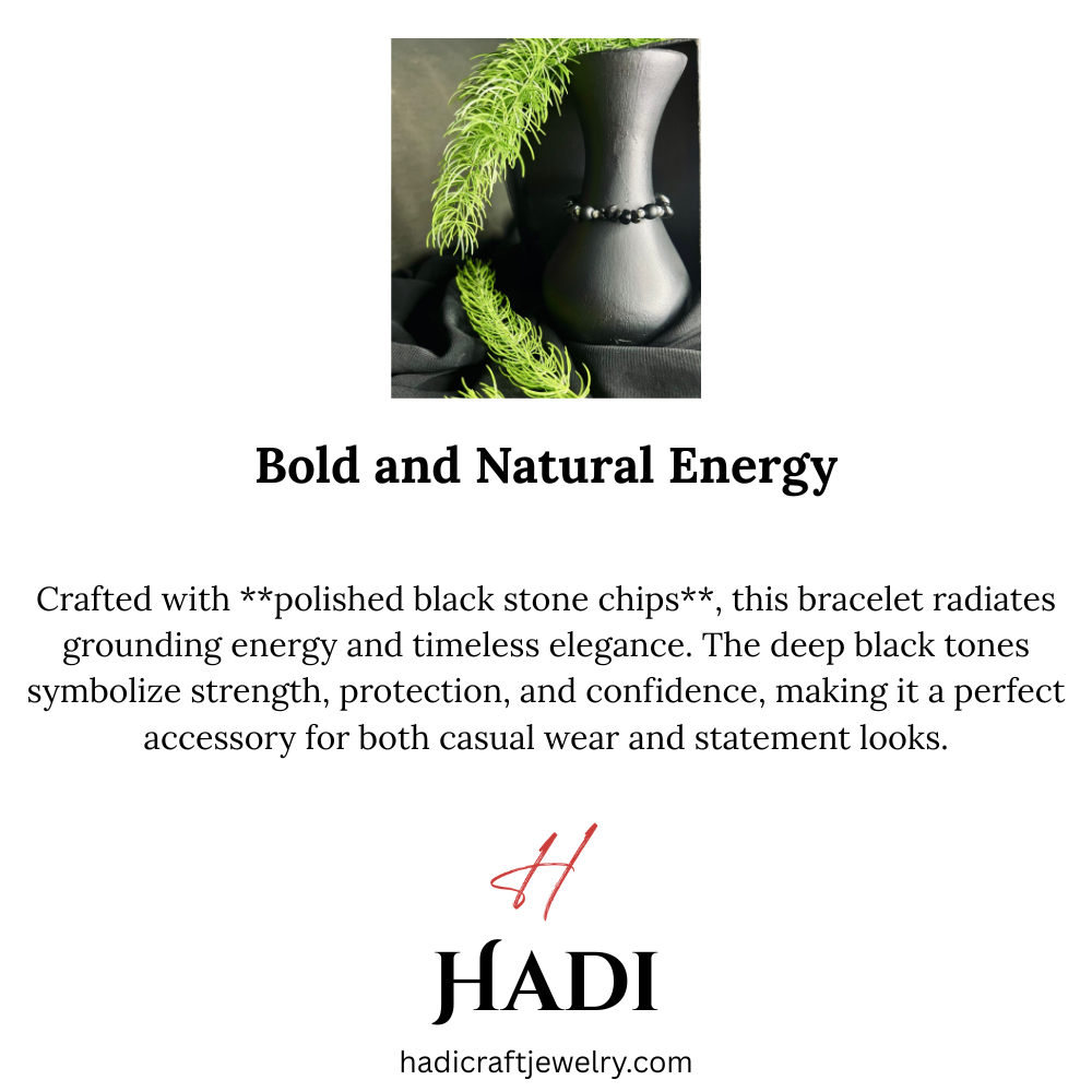 Boho Bracelet, Black Polished Stone Chip Bracelet  Natural Stone