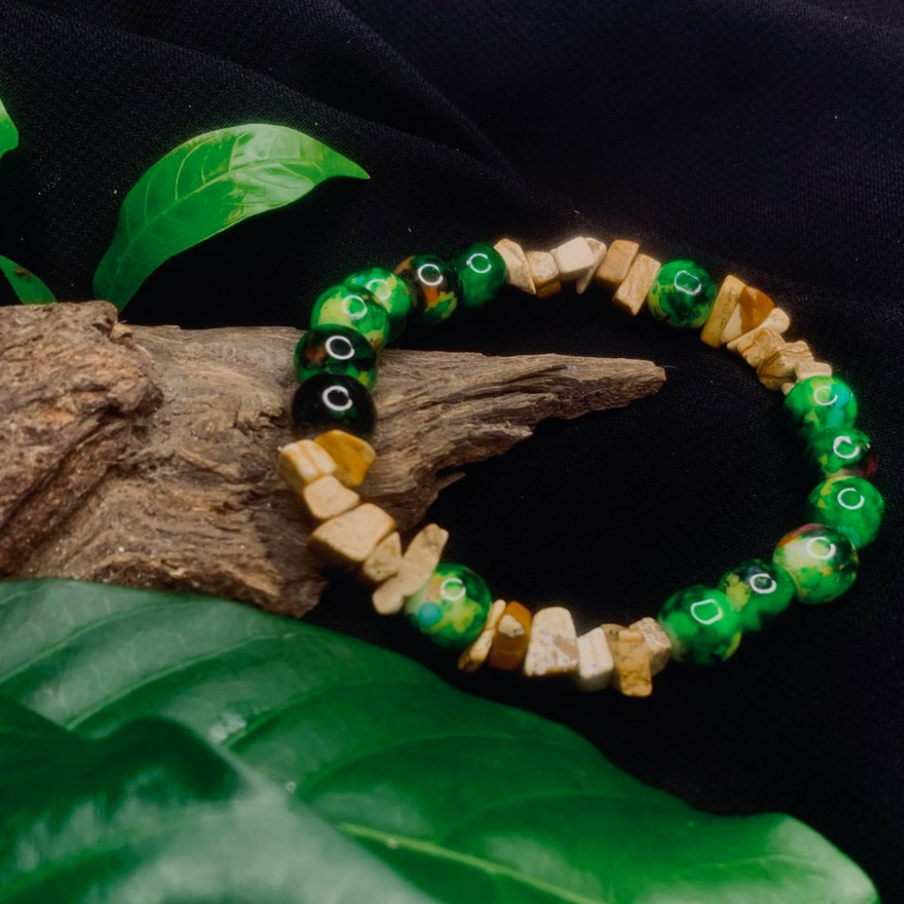 Bark Agate and Black Green Stone Chip Bracelet, Stretch Bracelet