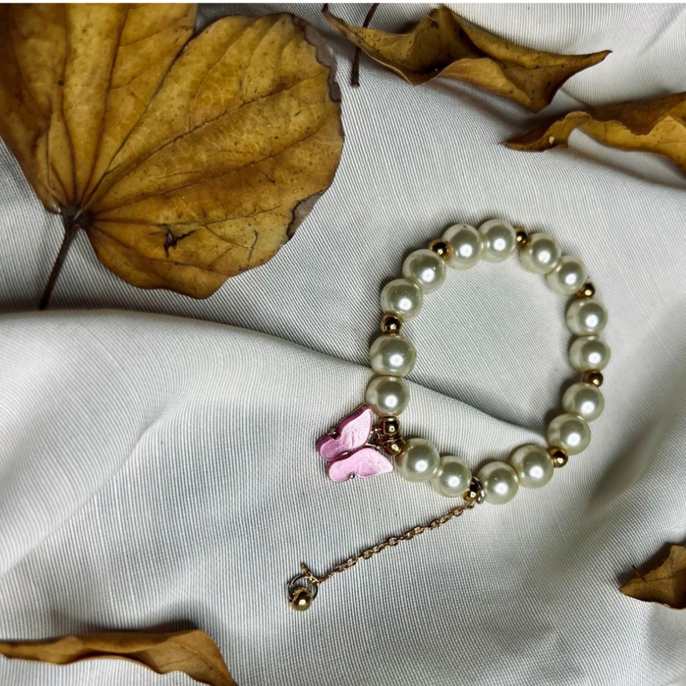 Bracelet for Girls, Faux Pearl Beaded Bracelet with Purple Butterfly