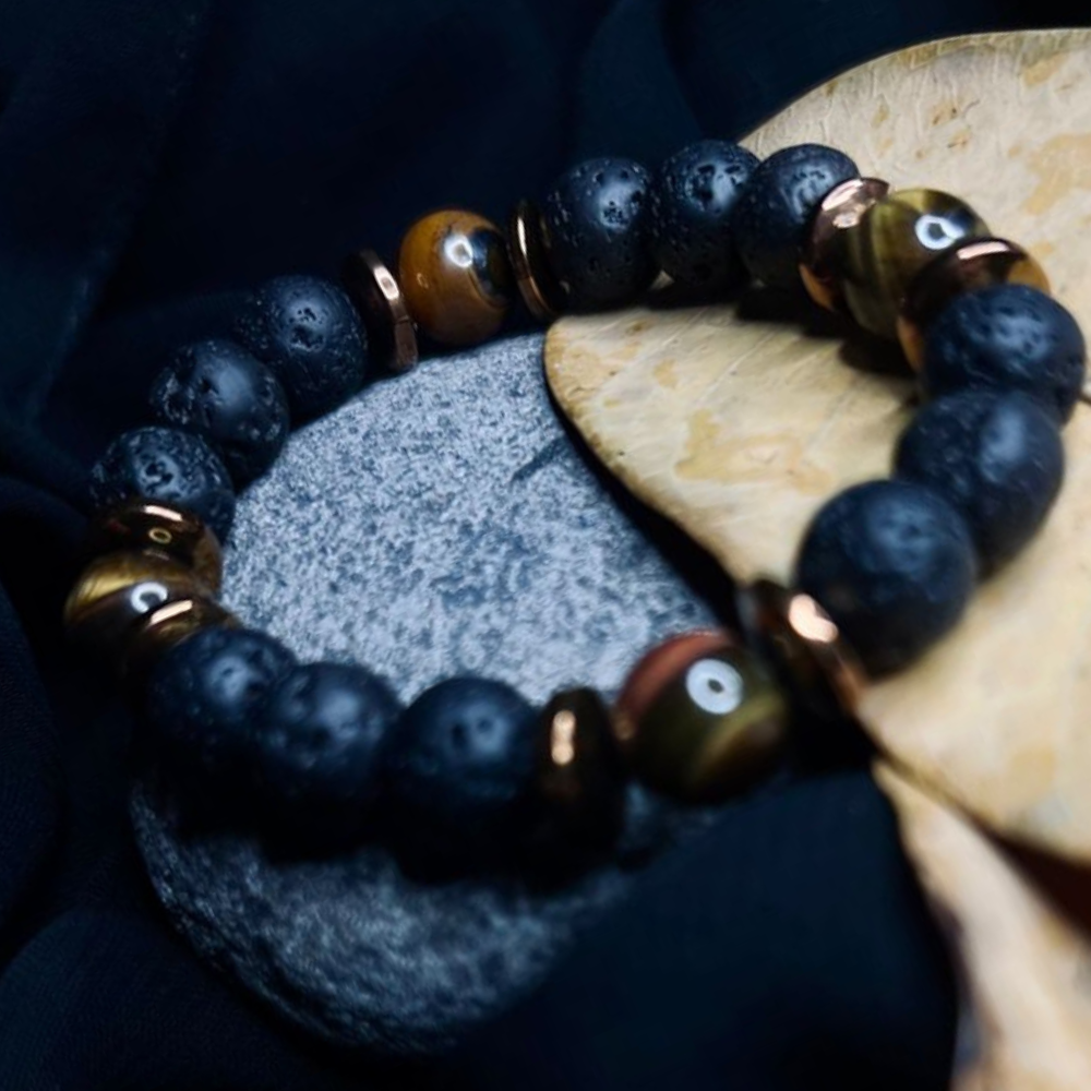 Black Lava & Tiger Eye Stone Bracelet with Copper Spacer