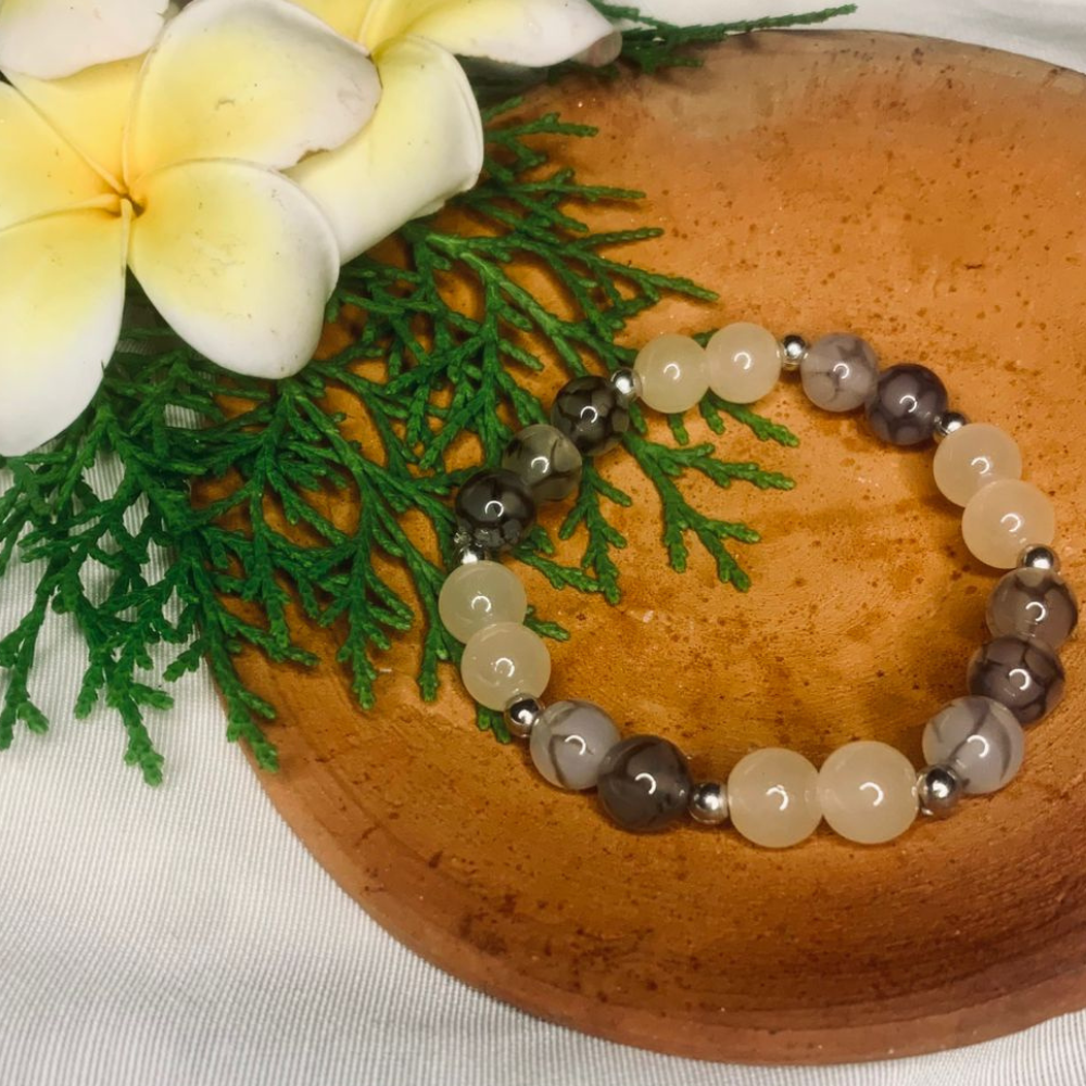 Agate Gemstone Beaded Bracelet Gray White Stone Silver Spacers