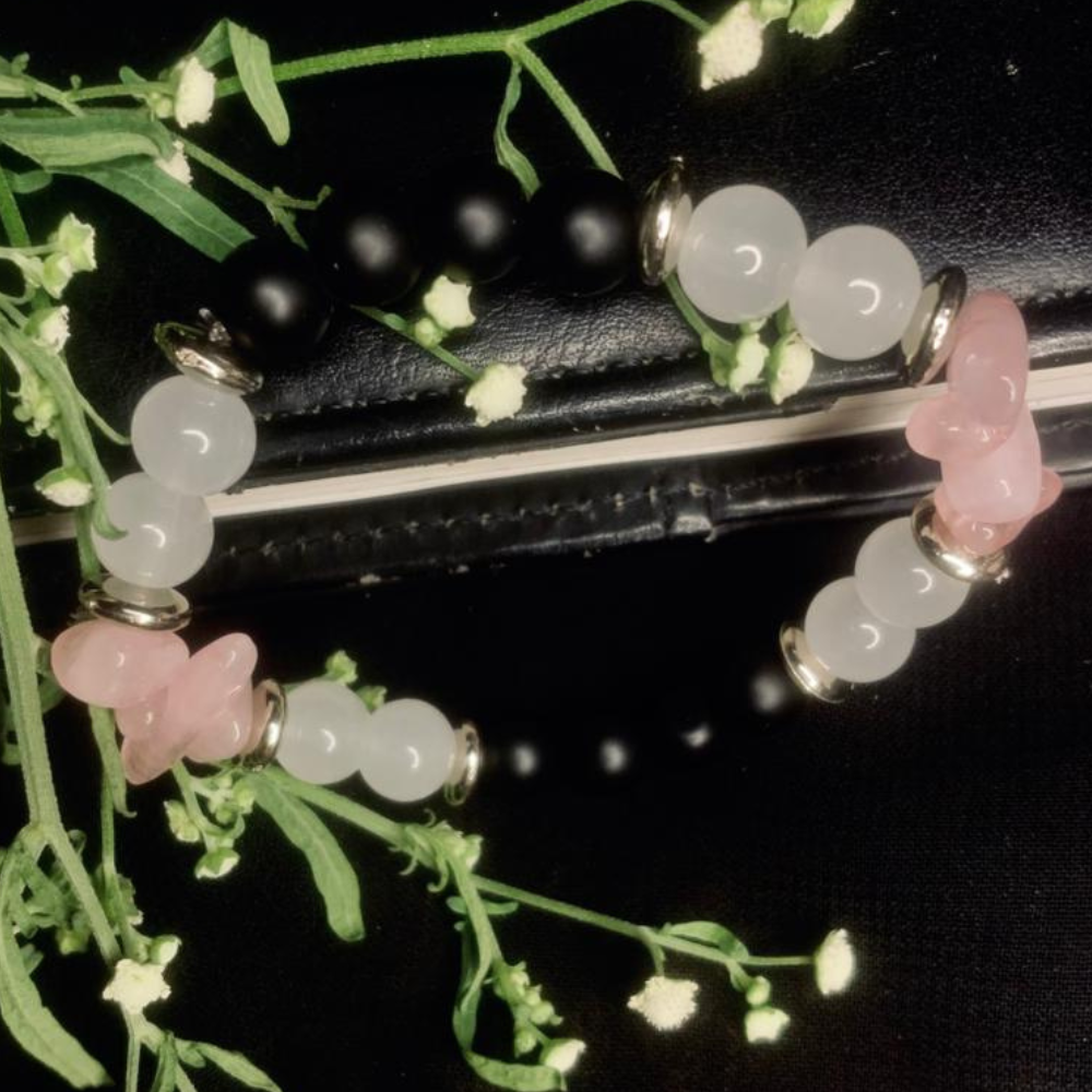 Natural Stone Beaded Bracelet – Black Onyx, White Jade