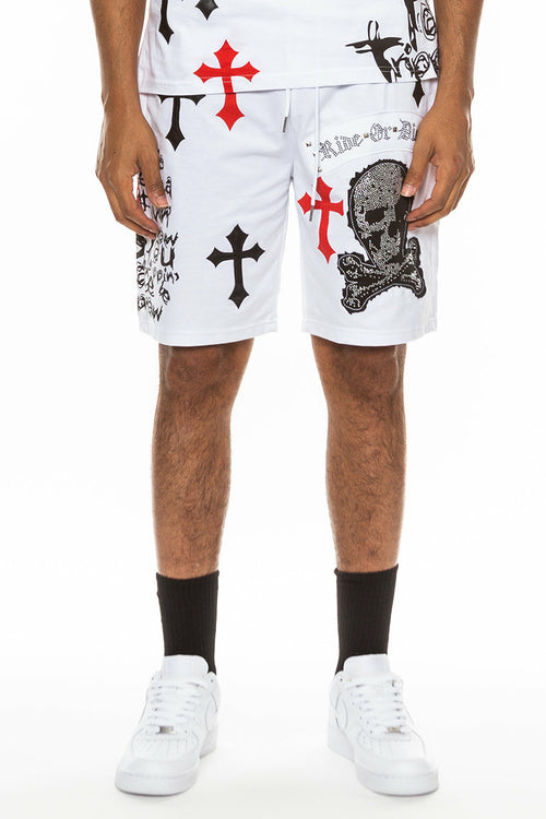 Bejewelled Chrome Skull Shorts EMS4107